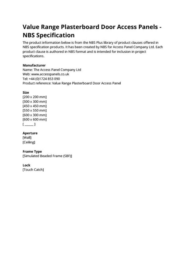 Value Range Plasterboard Door Access Panels NBS Specification1024 1